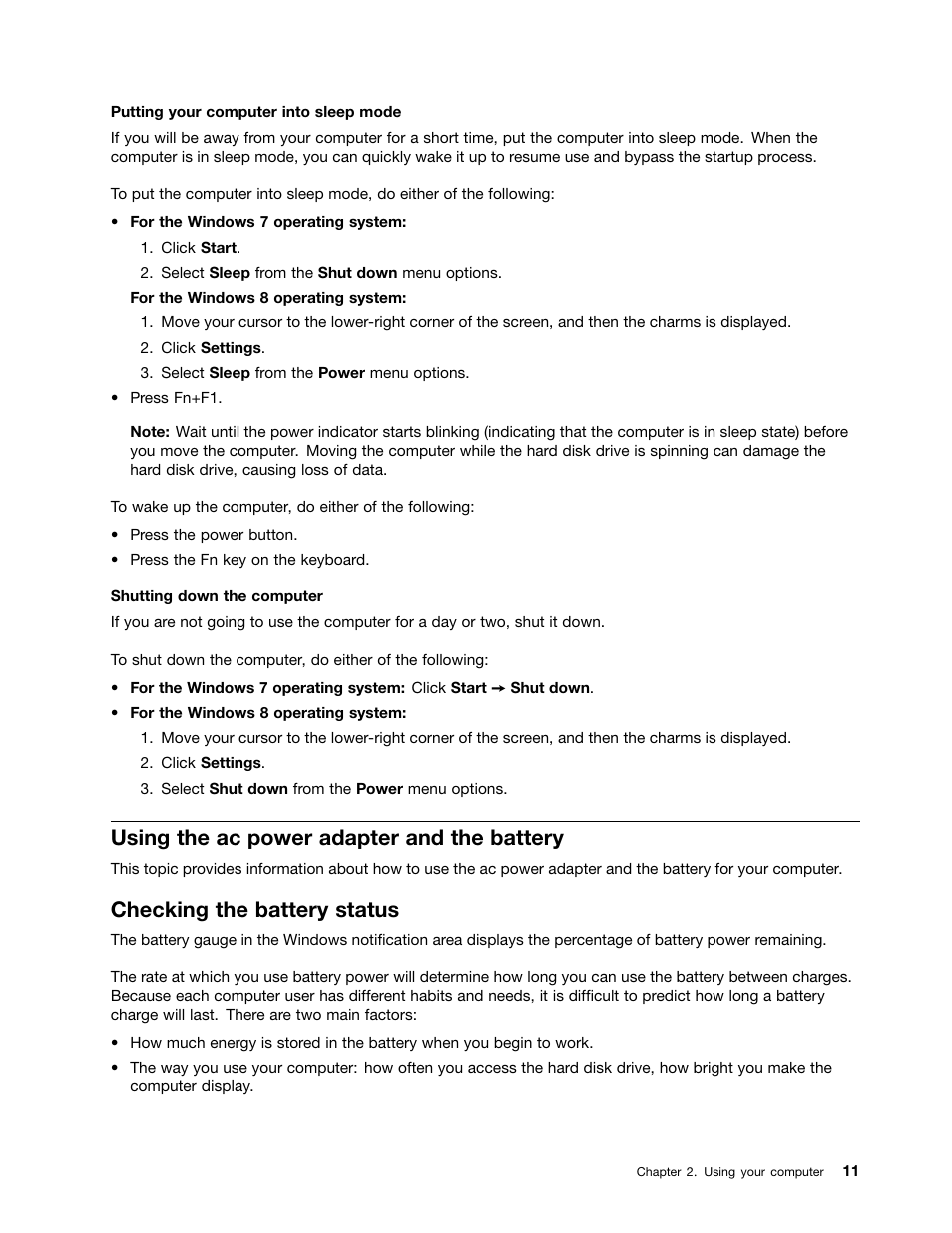 Using the ac power adapter and the battery, Checking the battery status | Lenovo V490u Notebook User Manual | Page 23 / 62
