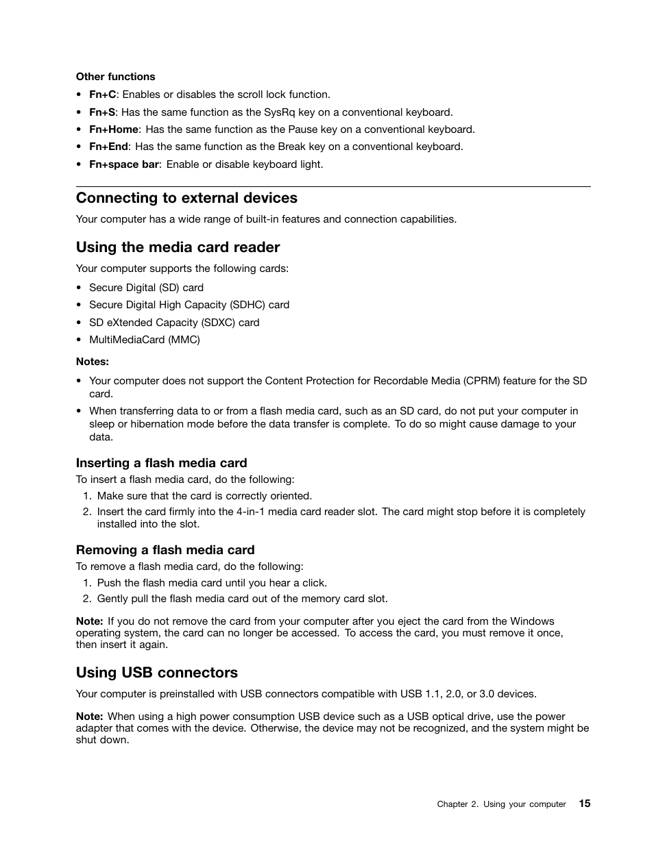 Connecting to external devices, Using the media card reader, Using usb connectors | Lenovo V490u Notebook User Manual | Page 27 / 62