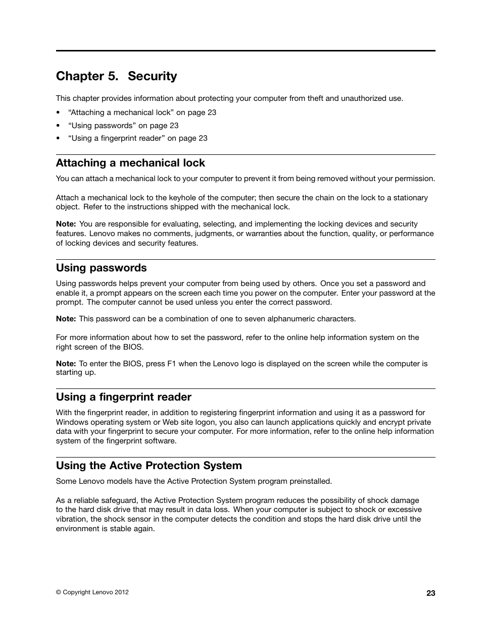 Chapter 5. security, Attaching a mechanical lock, Using passwords | Using a fingerprint reader, Using the active protection system | Lenovo V490u Notebook User Manual | Page 35 / 62