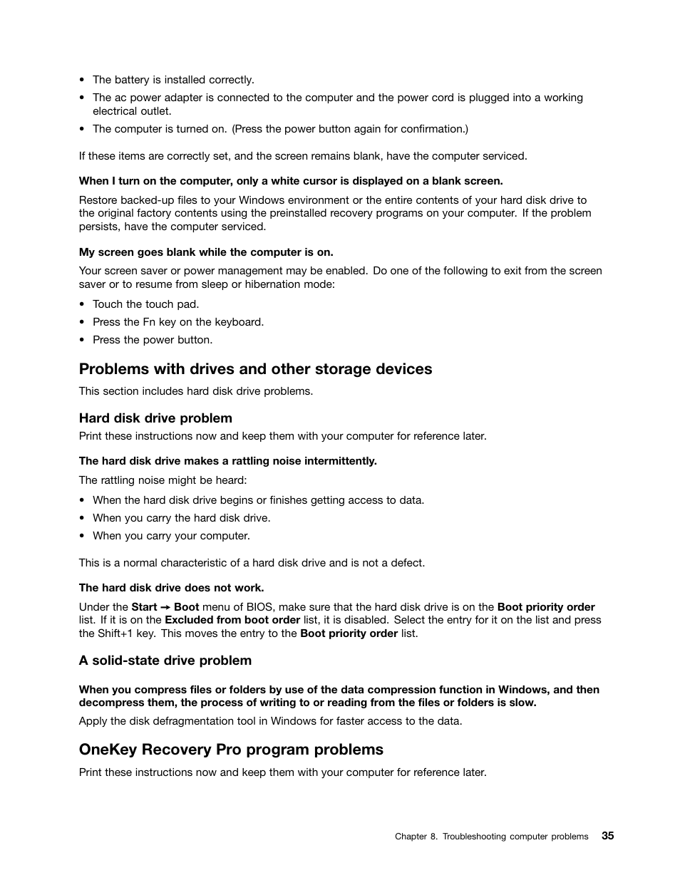 Problems with drives and other storage devices, Onekey recovery pro program problems | Lenovo V490u Notebook User Manual | Page 47 / 62