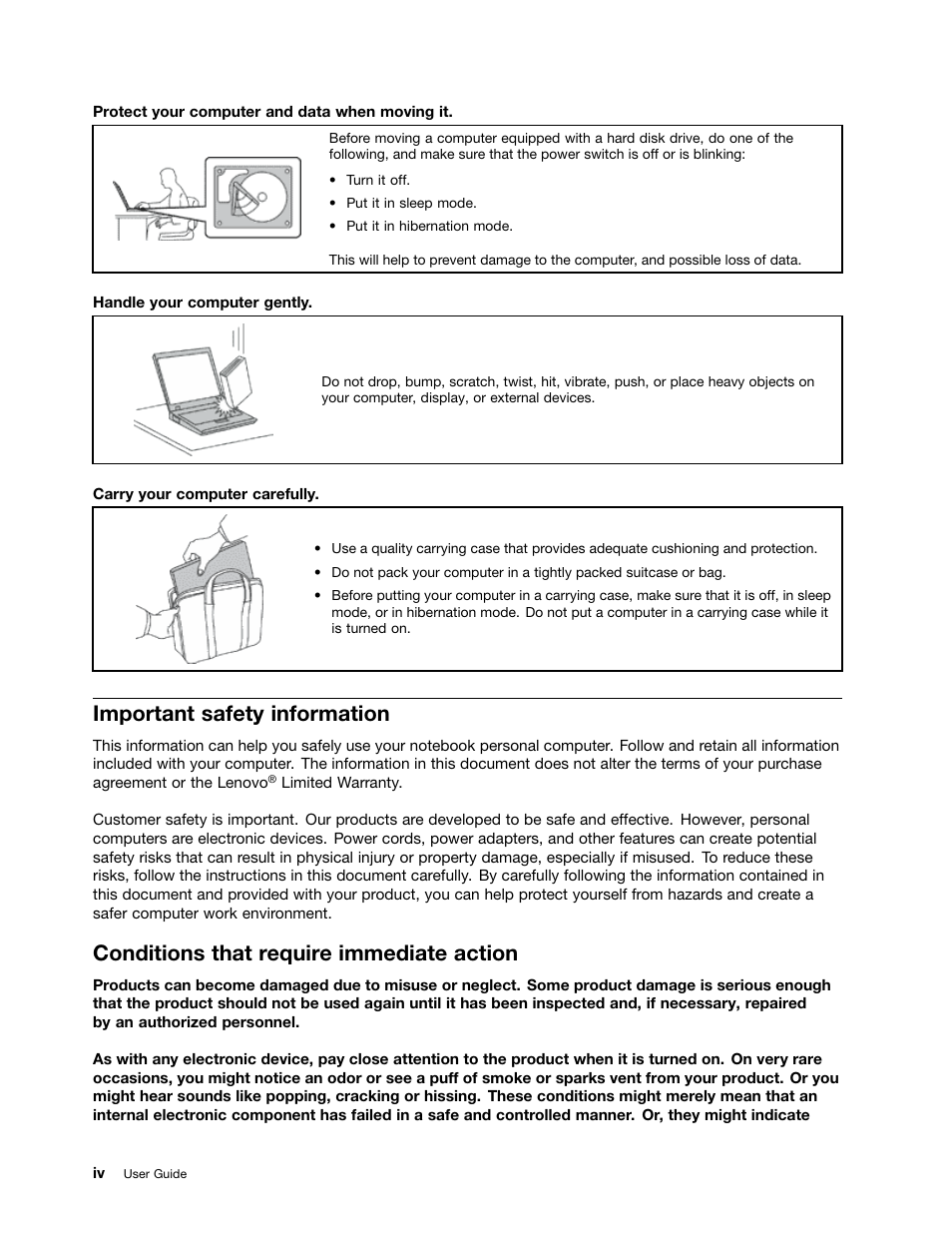 Important safety information, Conditions that require immediate action, Conditions that require immediate action . . . iv | Lenovo V490u Notebook User Manual | Page 6 / 62