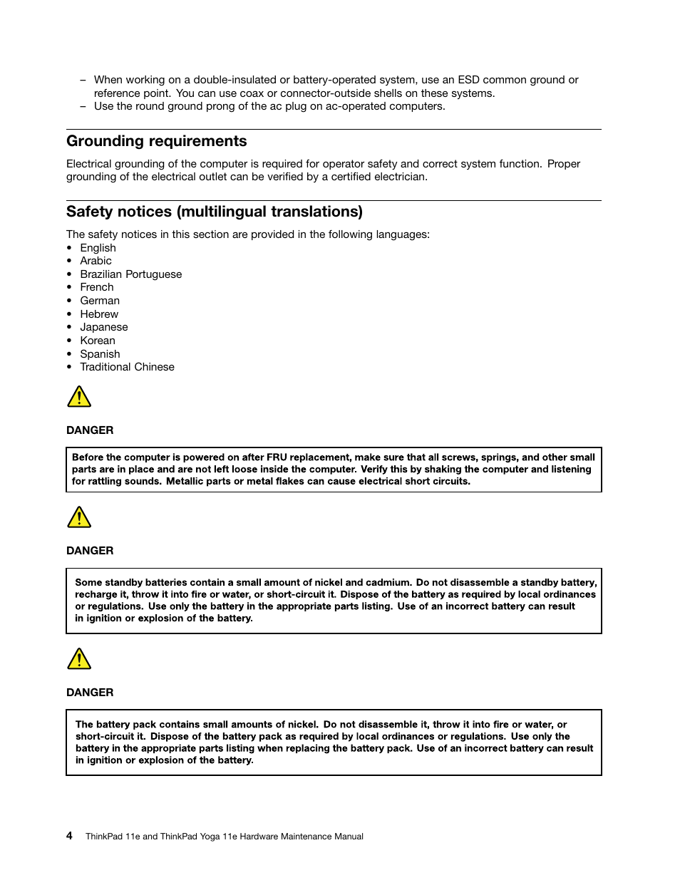 Grounding requirements, Safety notices (multilingual translations) | Lenovo ThinkPad 11e User Manual | Page 10 / 94