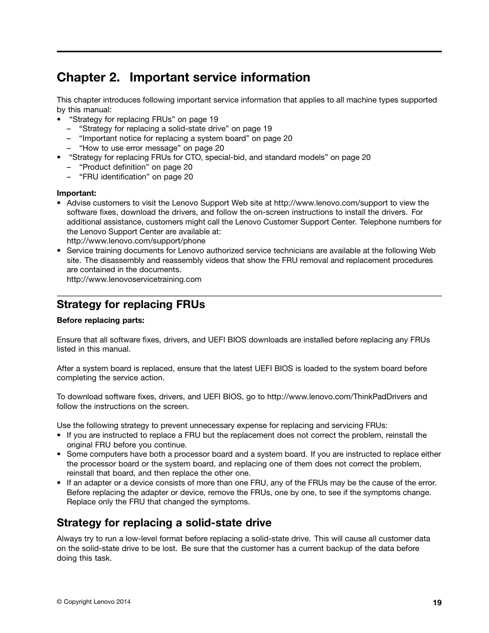 Chapter 2. important service information, Strategy for replacing frus, Strategy for replacing a solid-state drive | Lenovo ThinkPad 11e User Manual | Page 25 / 94