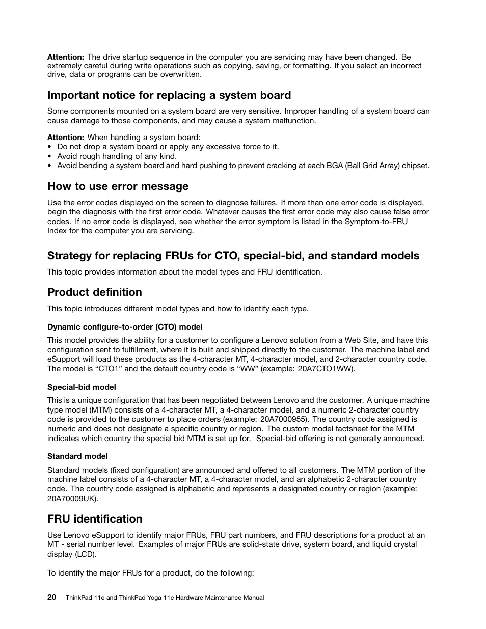 Important notice for replacing a system board, How to use error message, Product definition | Fru identification | Lenovo ThinkPad 11e User Manual | Page 26 / 94