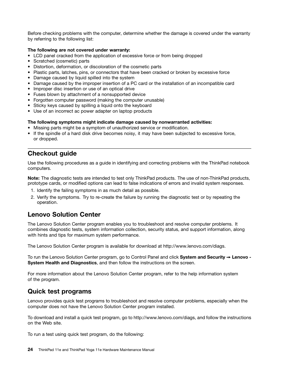 Checkout guide, Lenovo solution center, Quick test programs | Lenovo ThinkPad 11e User Manual | Page 30 / 94