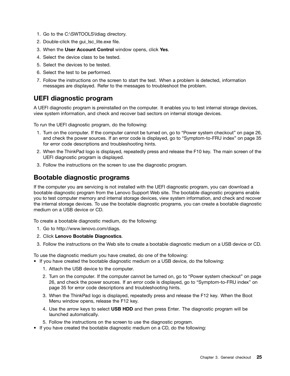 Uefi diagnostic program, Bootable diagnostic programs | Lenovo ThinkPad 11e User Manual | Page 31 / 94