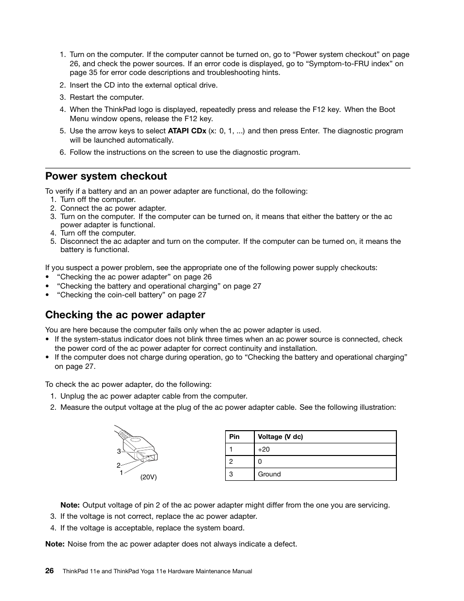 Power system checkout, Checking the ac power adapter | Lenovo ThinkPad 11e User Manual | Page 32 / 94