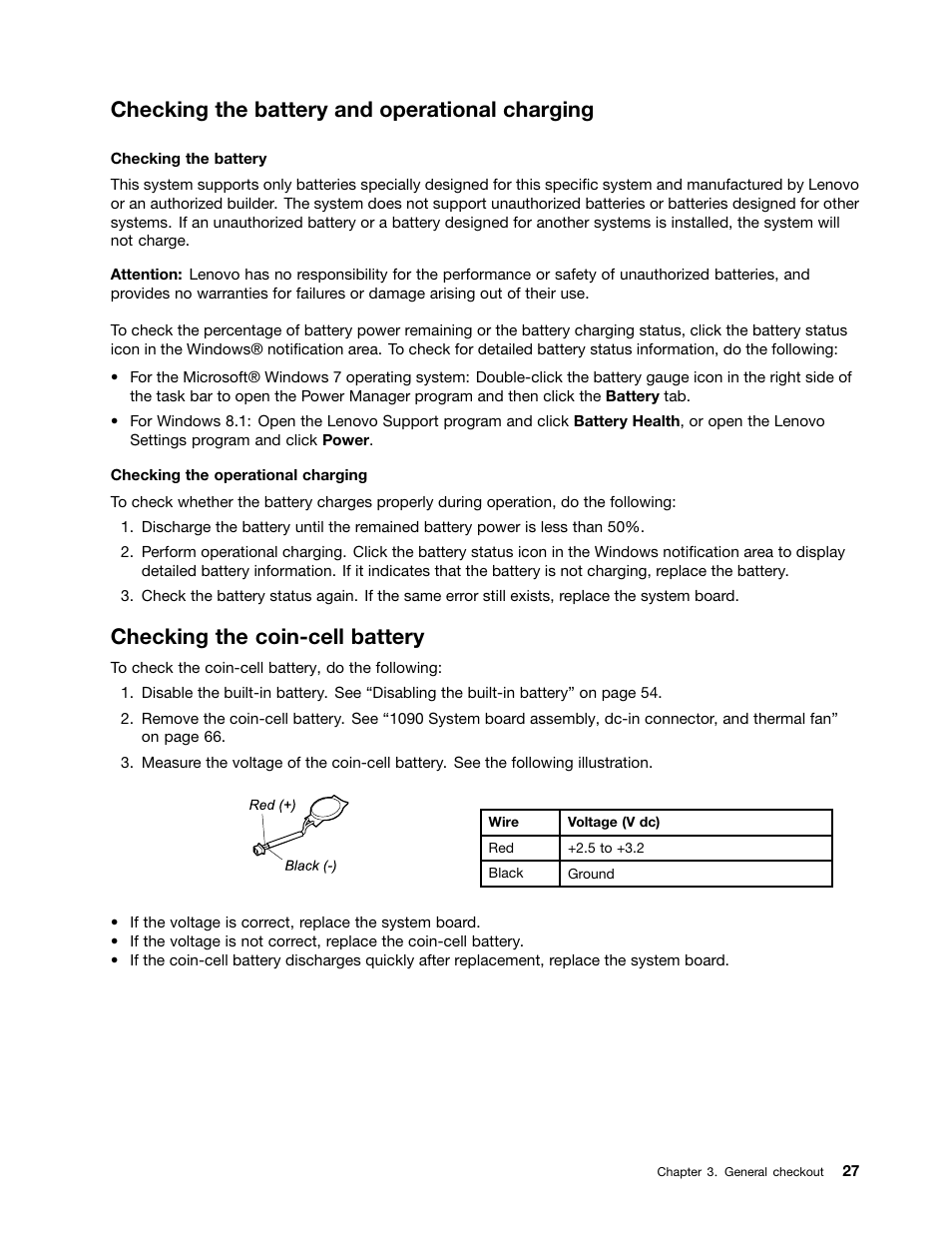 Checking the battery and operational charging, Checking the coin-cell battery | Lenovo ThinkPad 11e User Manual | Page 33 / 94