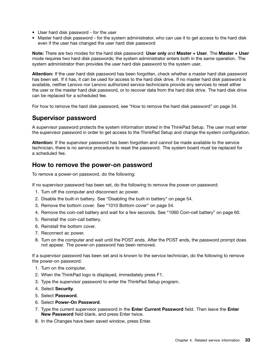 Supervisor password, How to remove the power-on password | Lenovo ThinkPad 11e User Manual | Page 39 / 94