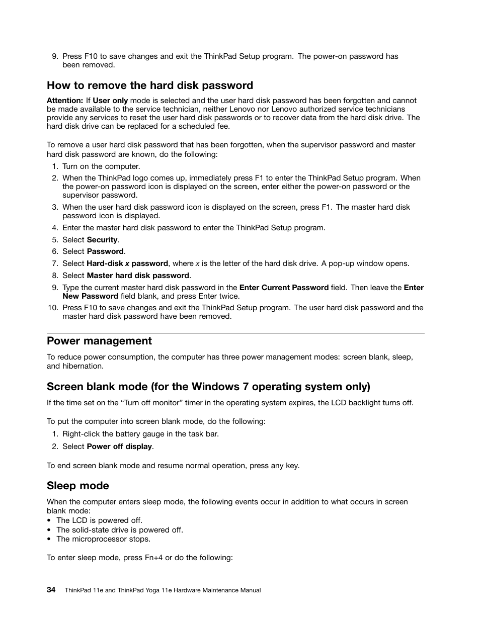 How to remove the hard disk password, Power management, Sleep mode | Lenovo ThinkPad 11e User Manual | Page 40 / 94