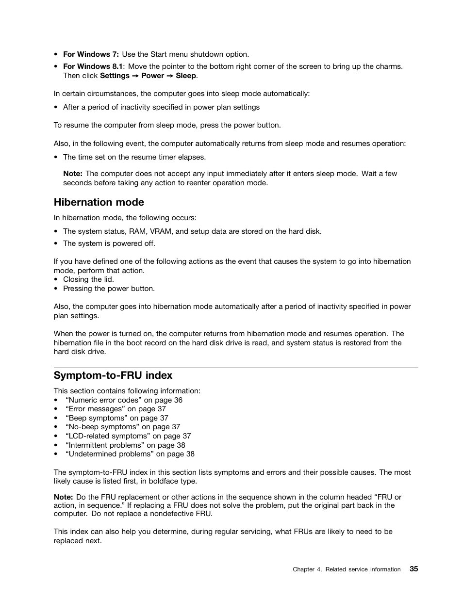 Hibernation mode, Symptom-to-fru index | Lenovo ThinkPad 11e User Manual | Page 41 / 94