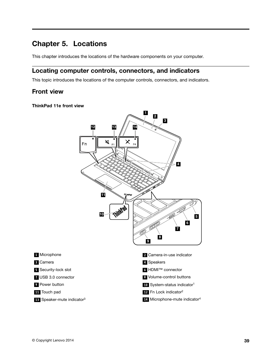 Chapter 5. locations, Front view | Lenovo ThinkPad 11e User Manual | Page 45 / 94