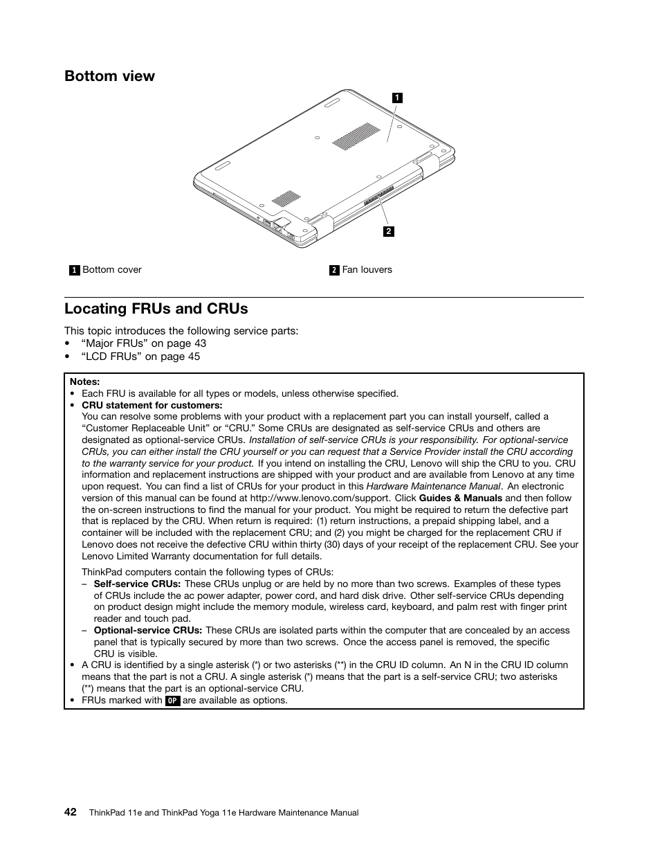 Bottom view, Locating frus and crus | Lenovo ThinkPad 11e User Manual | Page 48 / 94