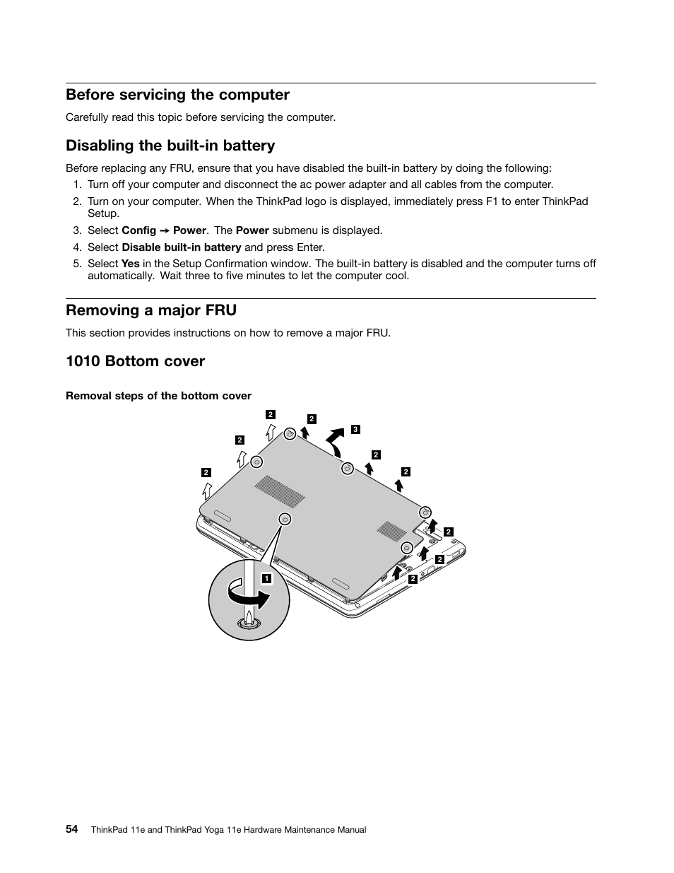 Before servicing the computer, Disabling the built-in battery, Removing a major fru | 1010 bottom cover | Lenovo ThinkPad 11e User Manual | Page 60 / 94