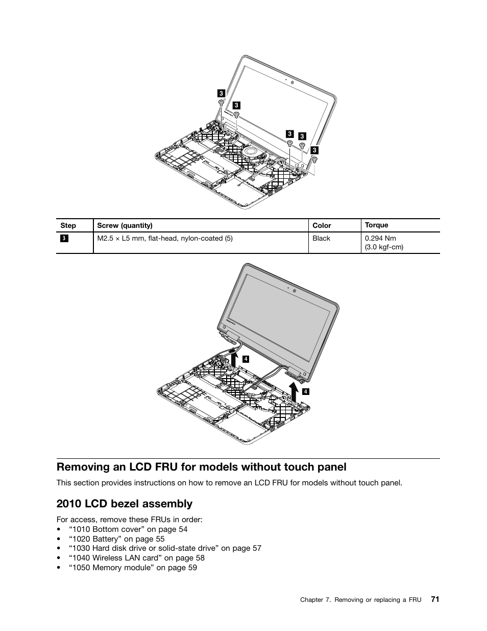 Removing an lcd fru for models without touch panel, 2010 lcd bezel assembly | Lenovo ThinkPad 11e User Manual | Page 77 / 94