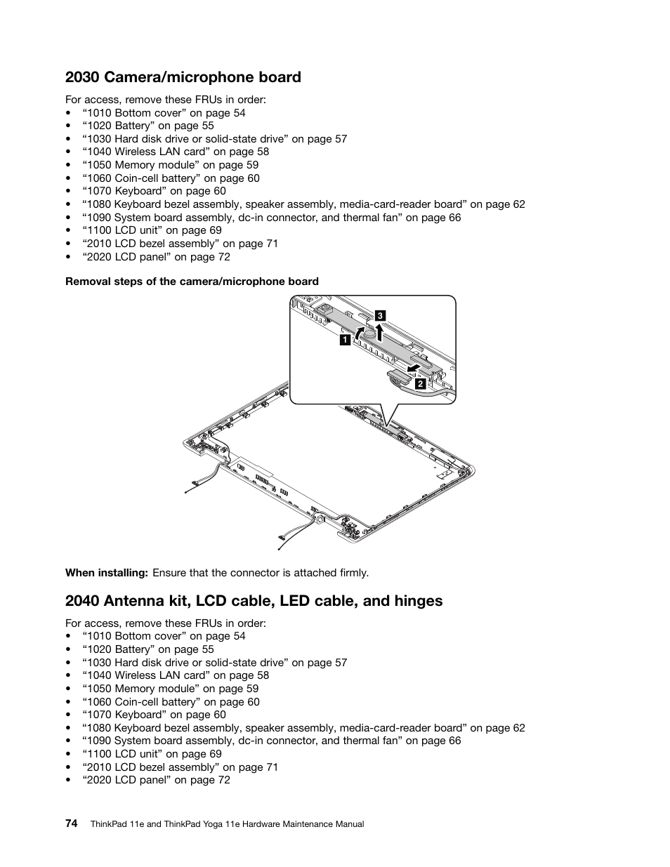 2030 camera/microphone board, 2040 antenna kit, lcd cable, led cable, and hinges | Lenovo ThinkPad 11e User Manual | Page 80 / 94