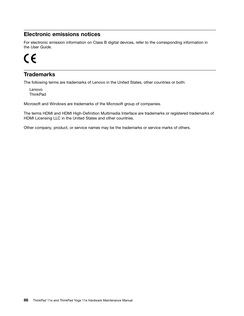 Electronic emissions notices, Trademarks | Lenovo ThinkPad 11e User Manual | Page 92 / 94