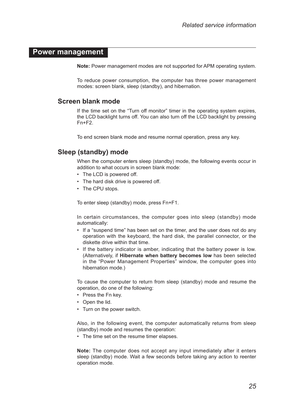 Power management, Screen blank mode, Sleep (standby) mode | Lenovo B460 Notebook User Manual | Page 29 / 88