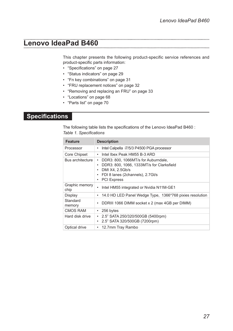 Lenovo ideapad b460, Specifications | Lenovo B460 Notebook User Manual | Page 31 / 88