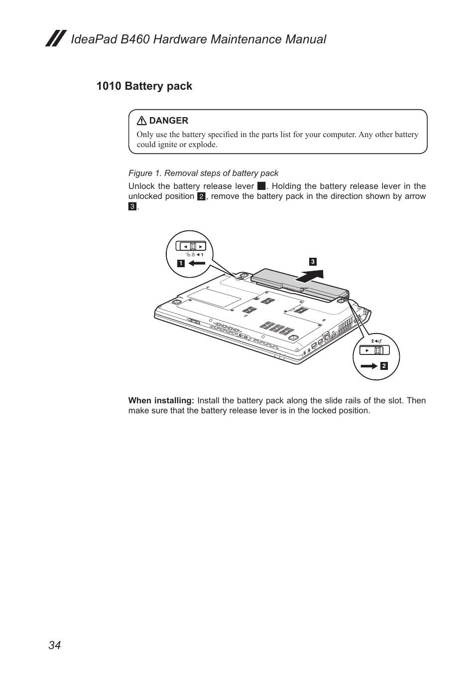 1010 battery pack, Ideapad b460 hardware maintenance manual | Lenovo B460 Notebook User Manual | Page 38 / 88