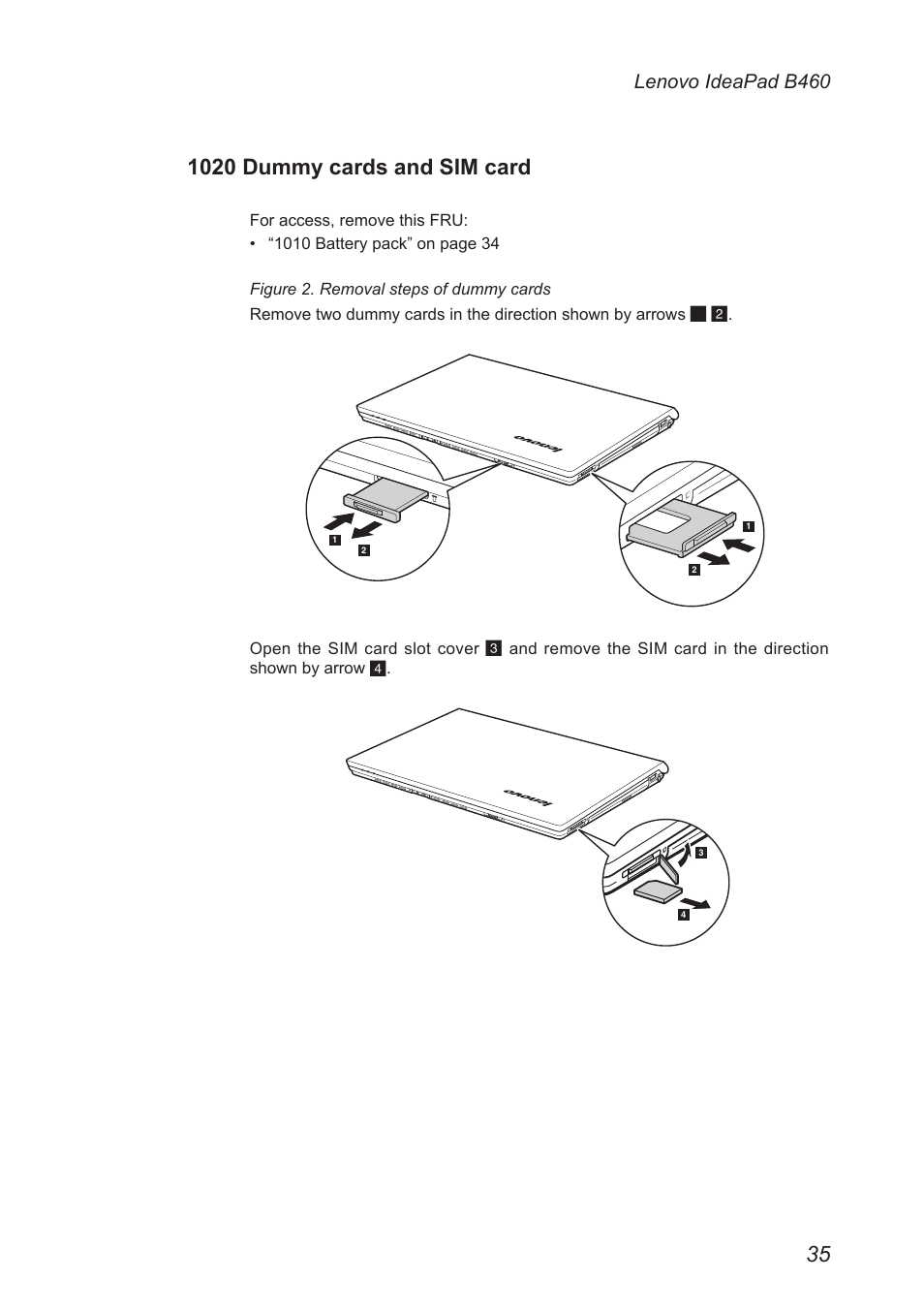 1020 dummy cards and sim card, Lenovo ideapad b460 | Lenovo B460 Notebook User Manual | Page 39 / 88