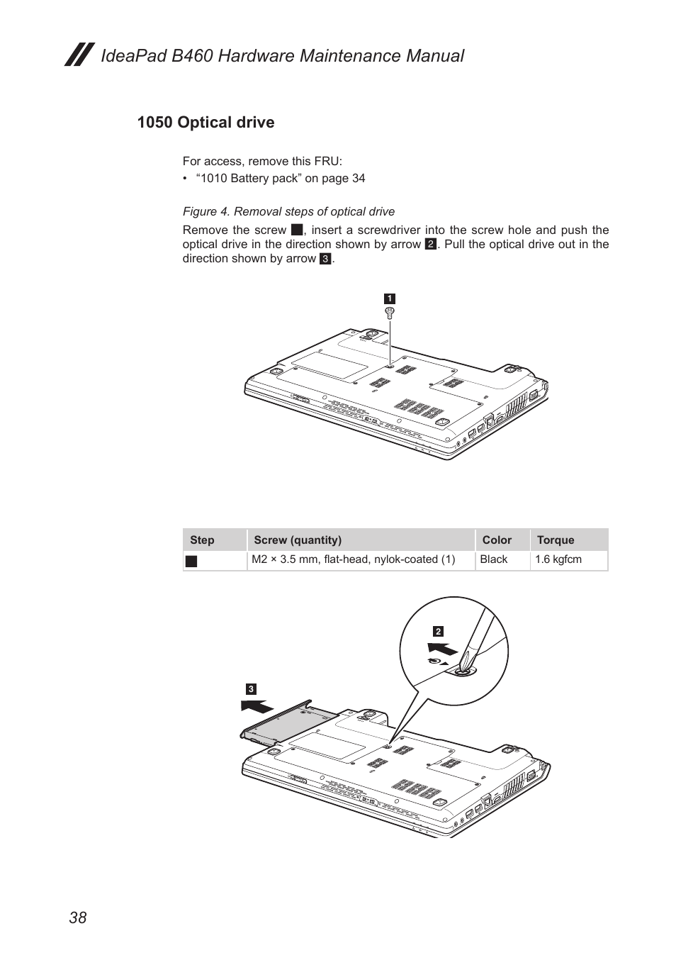 1050 optical drive, Ideapad b460 hardware maintenance manual | Lenovo B460 Notebook User Manual | Page 42 / 88