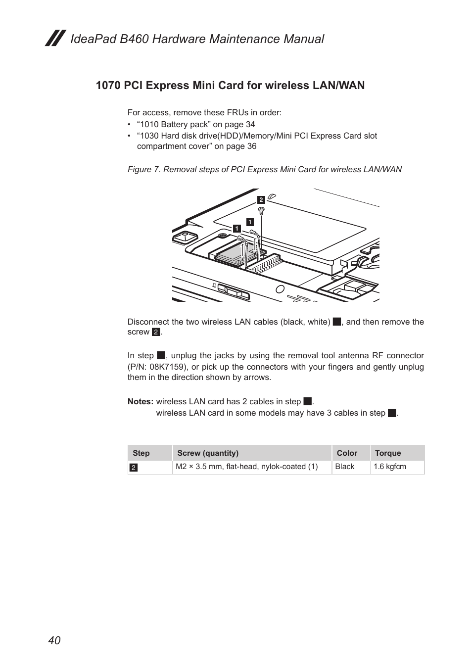 1070 pci express mini card for wireless lan/wan, 1070 pci express mini card for wireless, Lan/wan | Ideapad b460 hardware maintenance manual | Lenovo B460 Notebook User Manual | Page 44 / 88