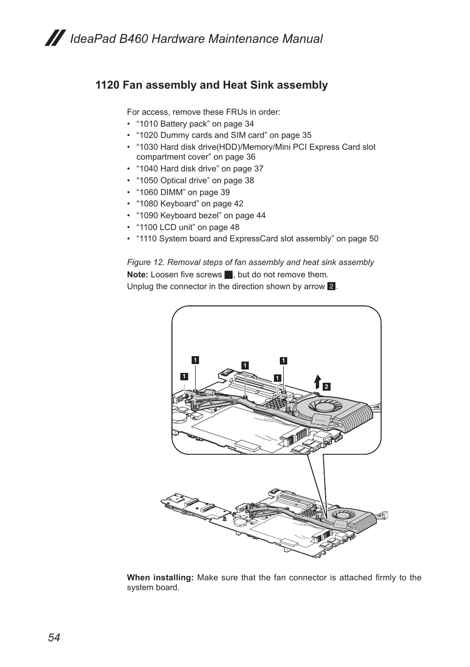 1120 fan assembly and heat sink assembly, Ideapad b460 hardware maintenance manual | Lenovo B460 Notebook User Manual | Page 58 / 88