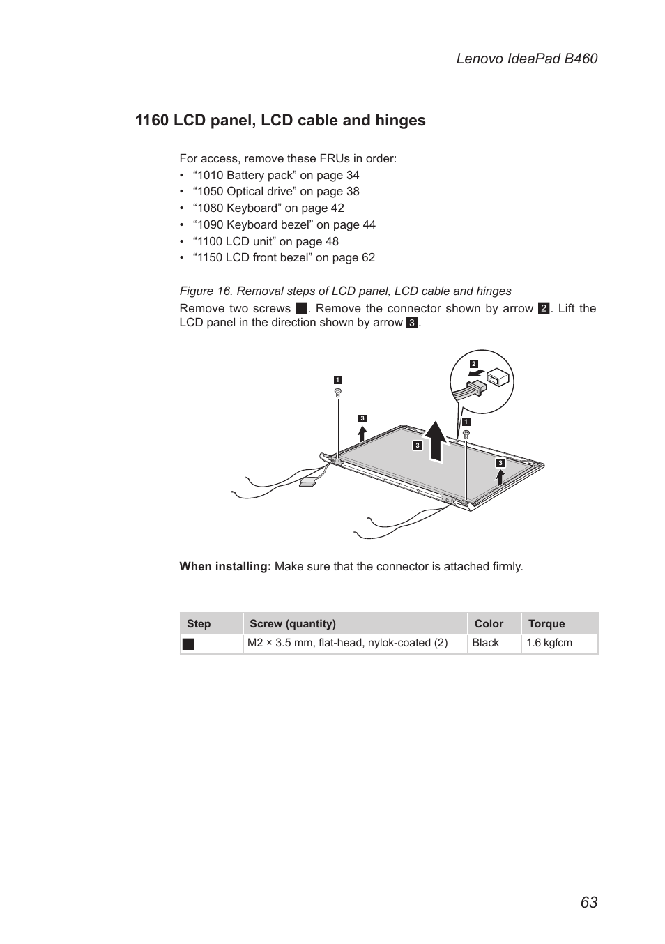 1160 lcd panel, lcd cable and hinges, Lenovo ideapad b460 | Lenovo B460 Notebook User Manual | Page 67 / 88