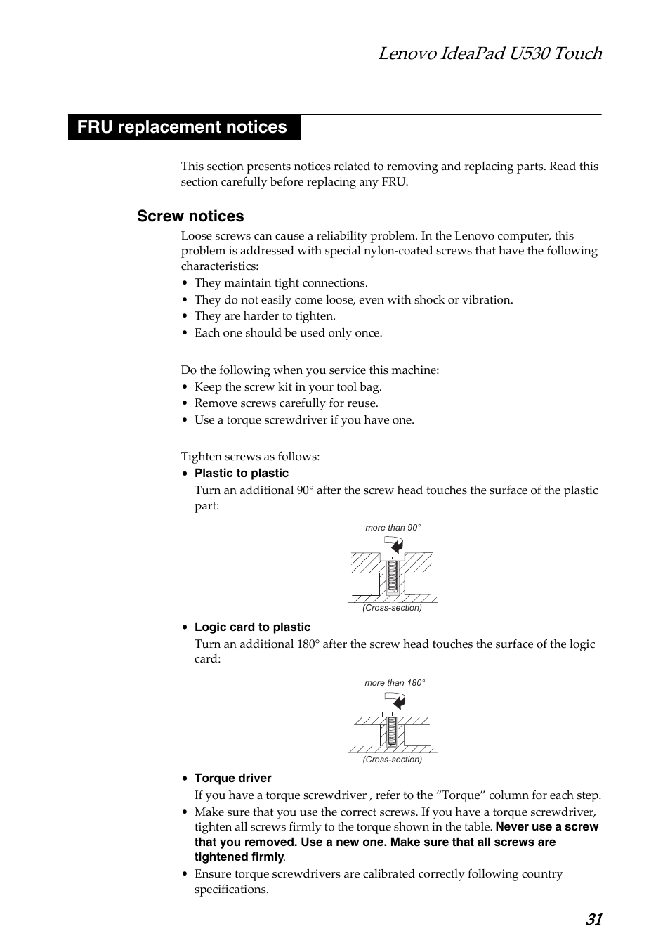 Fru replacement notices, Screw notices, Lenovo ideapad u530 touch | Lenovo IdeaPad U530 Touch Notebook User Manual | Page 35 / 77