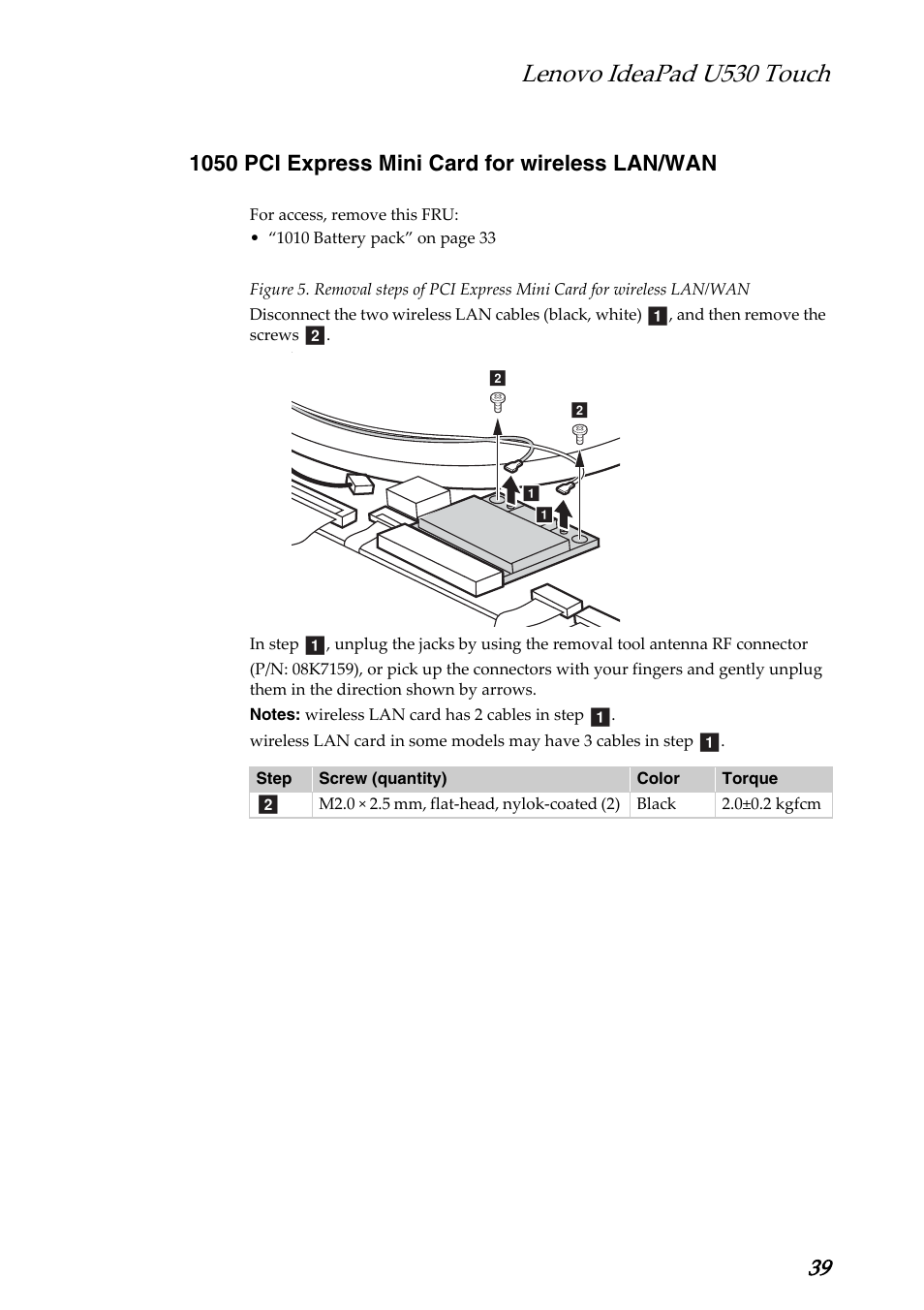 1050 pci express mini card for wireless lan/wan, Lenovo ideapad u530 touch | Lenovo IdeaPad U530 Touch Notebook User Manual | Page 43 / 77