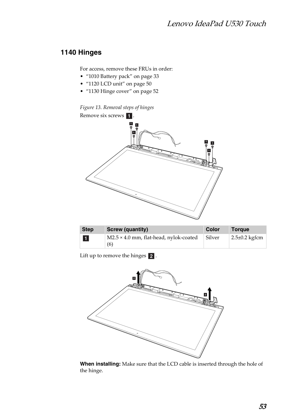 1140 hinges, 1150 hinges, Lenovo ideapad u530 touch | Lenovo IdeaPad U530 Touch Notebook User Manual | Page 57 / 77