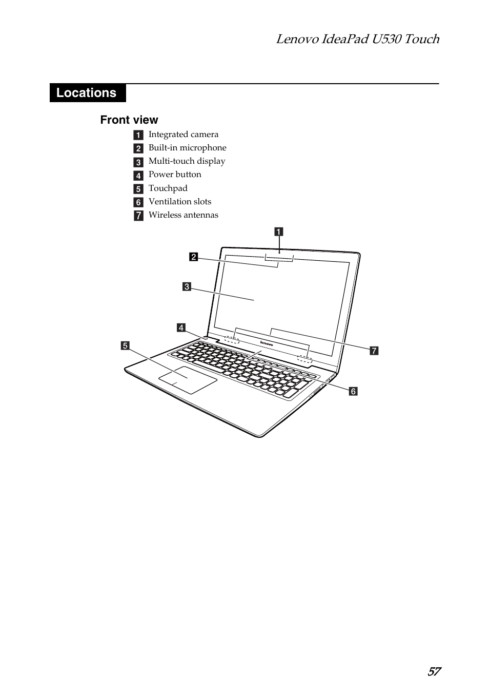 Locations, Front view, Lenovo ideapad u530 touch | Lenovo IdeaPad U530 Touch Notebook User Manual | Page 61 / 77