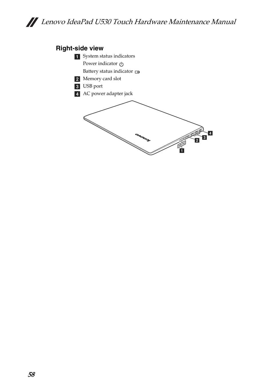 Right-side view, Right‐side view | Lenovo IdeaPad U530 Touch Notebook User Manual | Page 62 / 77