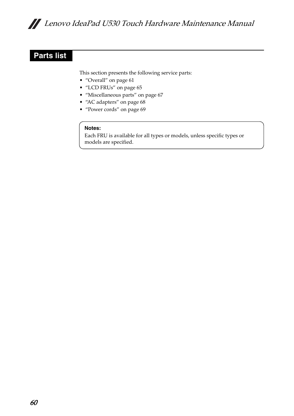 Parts list | Lenovo IdeaPad U530 Touch Notebook User Manual | Page 64 / 77