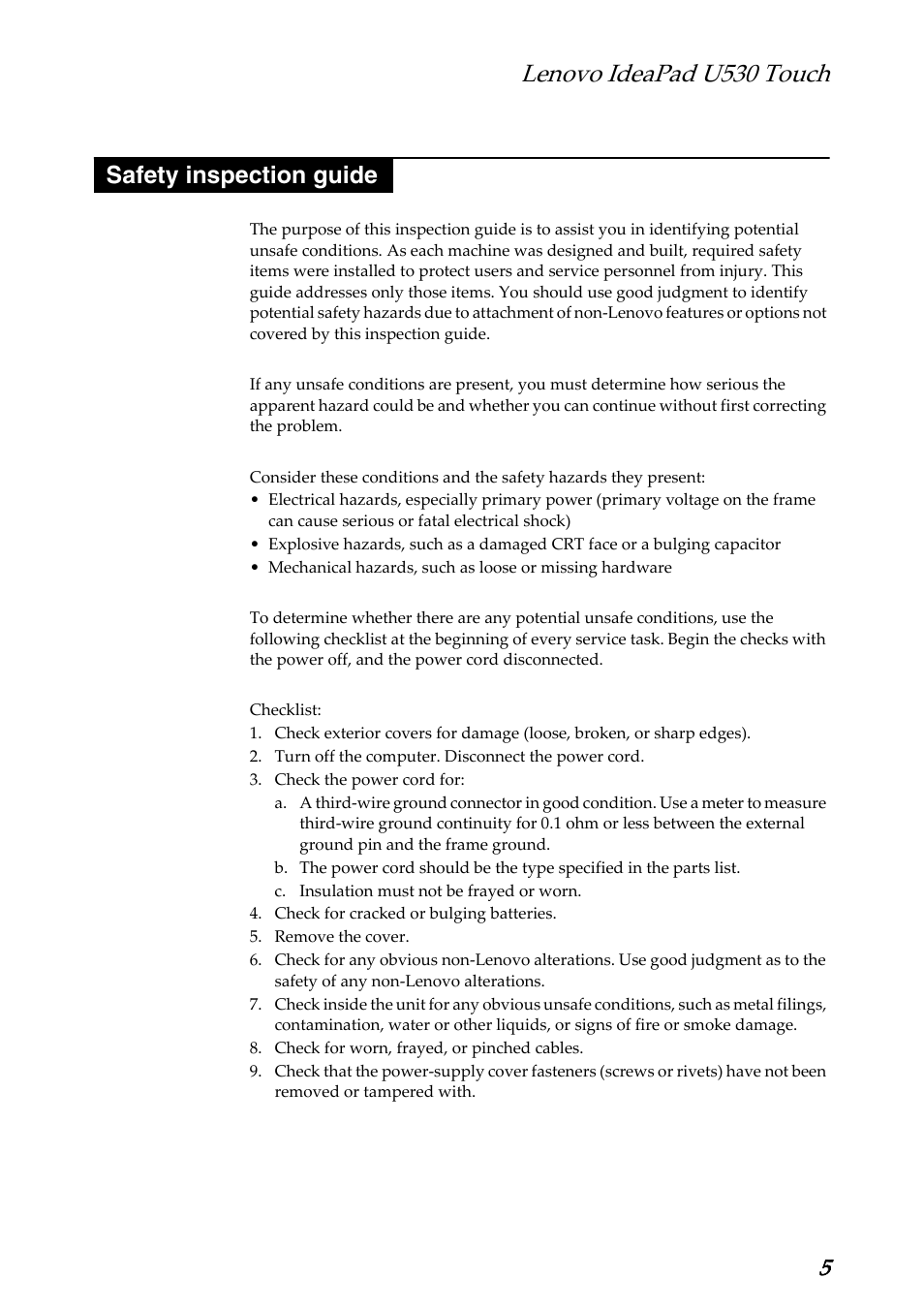 Safety inspection guide, Lenovo ideapad u530 touch | Lenovo IdeaPad U530 Touch Notebook User Manual | Page 9 / 77
