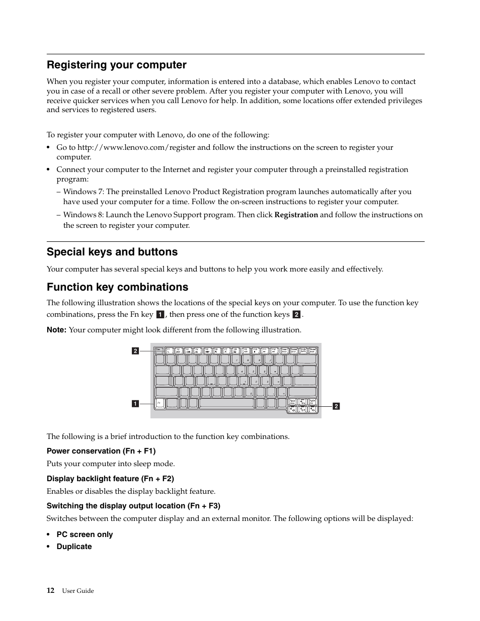 Registering your computer, Special keys and buttons, Function key combinations | Registering your computer special keys and buttons | Lenovo E4430 User Manual | Page 26 / 76