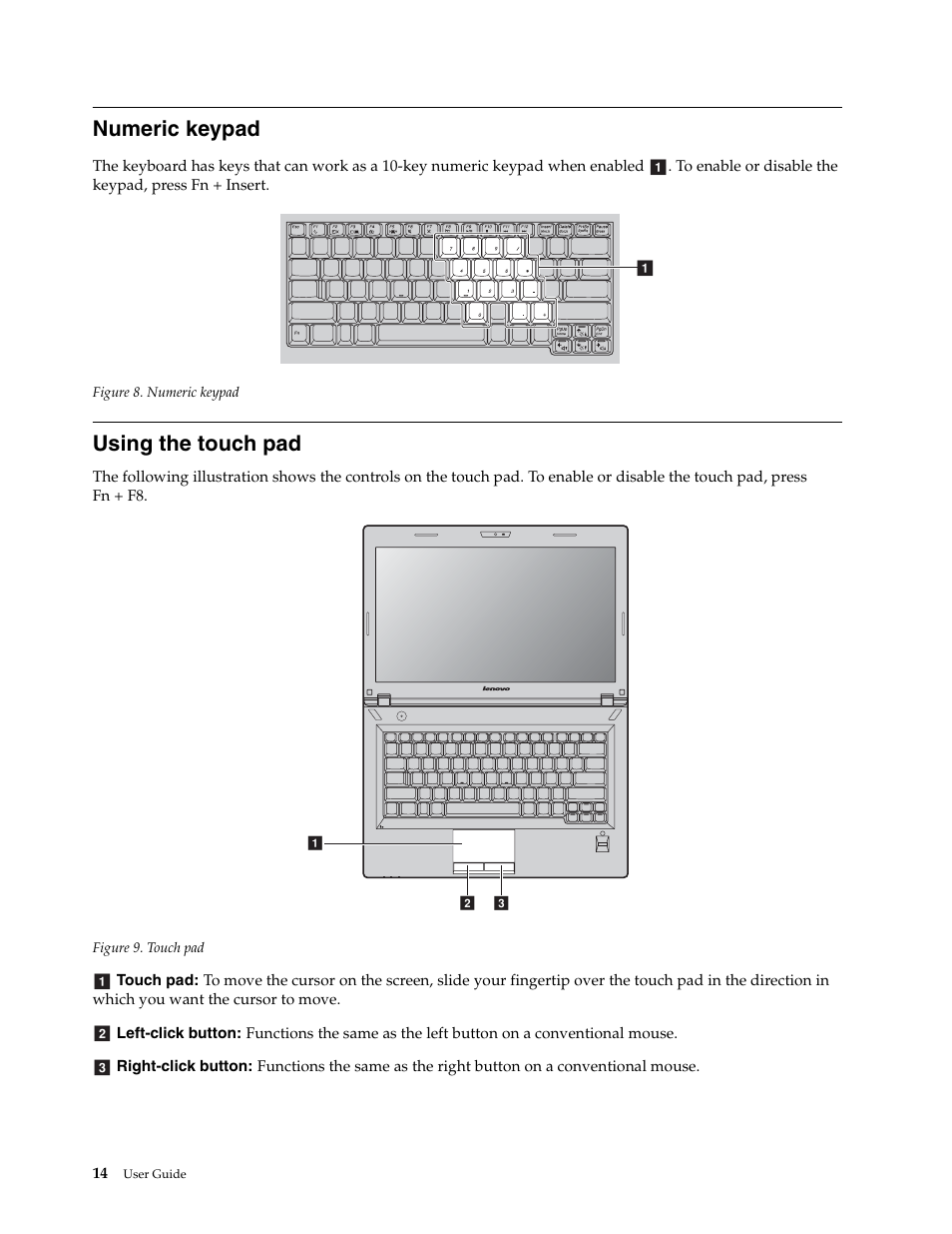 Numeric keypad, Using the touch pad, Numeric keypad using the touch pad | Lenovo E4430 User Manual | Page 28 / 76