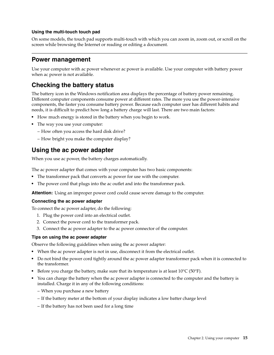 Power management, Checking the battery status, Using the ac power adapter | Lenovo E4430 User Manual | Page 29 / 76