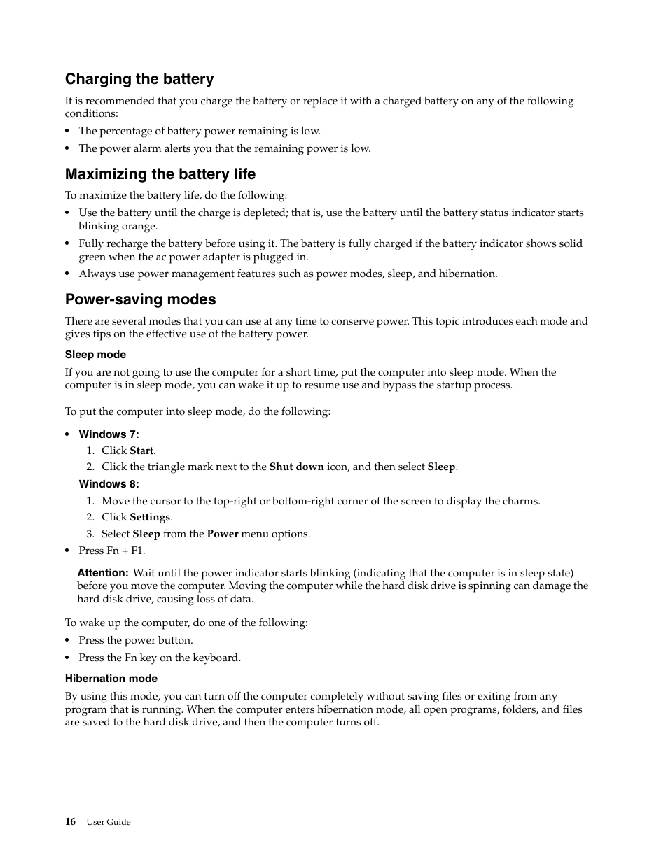 Charging the battery, Maximizing the battery life, Power-saving modes | Lenovo E4430 User Manual | Page 30 / 76