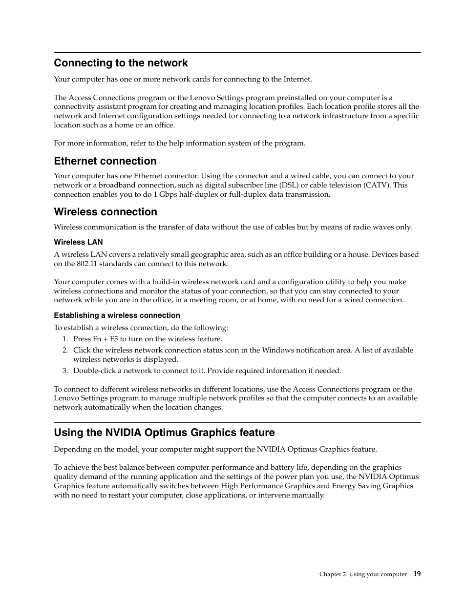 Connecting to the network, Ethernet connection, Wireless connection | Using the nvidia optimus graphics feature, Ethernet connection wireless connection | Lenovo E4430 User Manual | Page 33 / 76