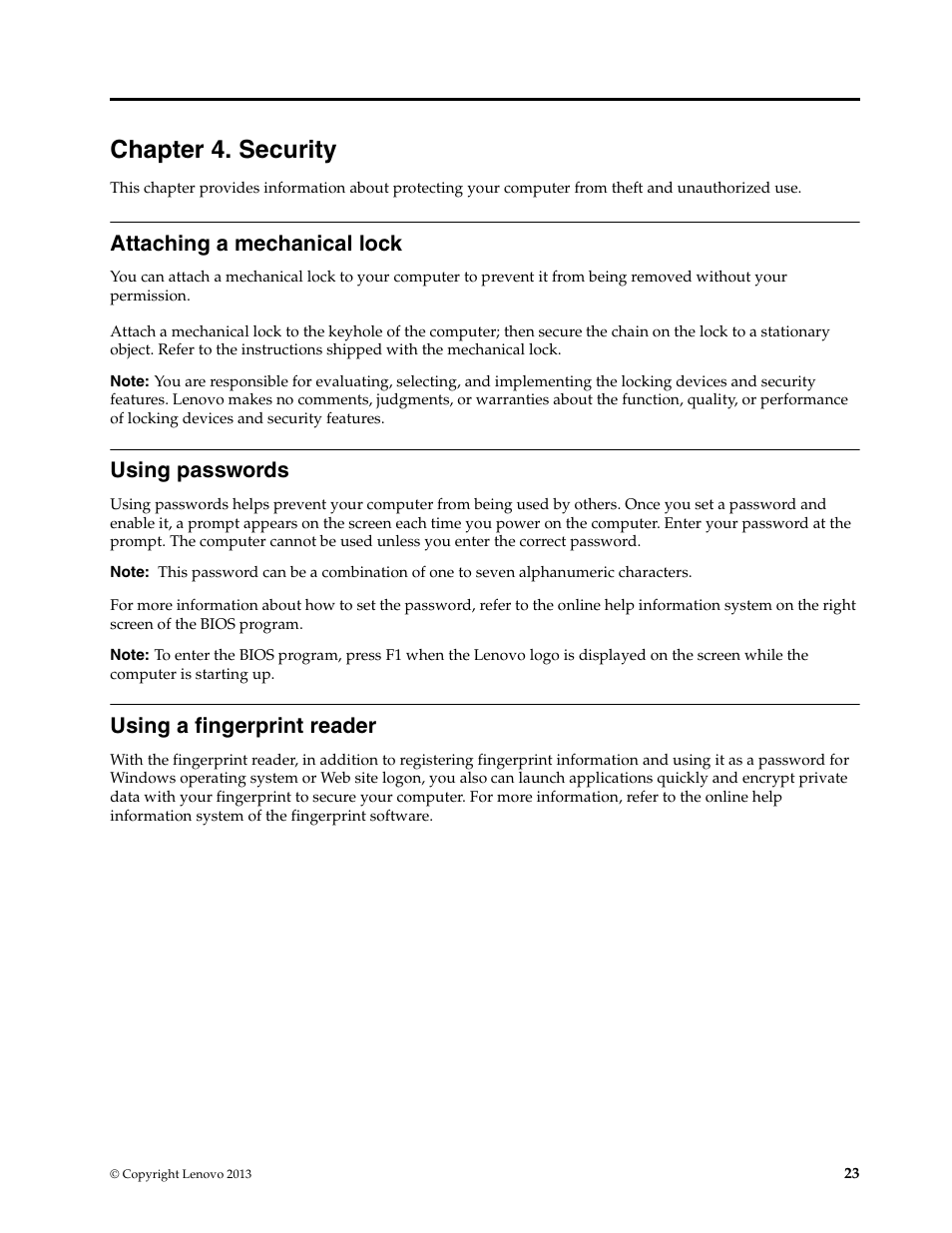 Chapter 4. security, Attaching a mechanical lock, Using passwords | Using a fingerprint reader | Lenovo E4430 User Manual | Page 37 / 76