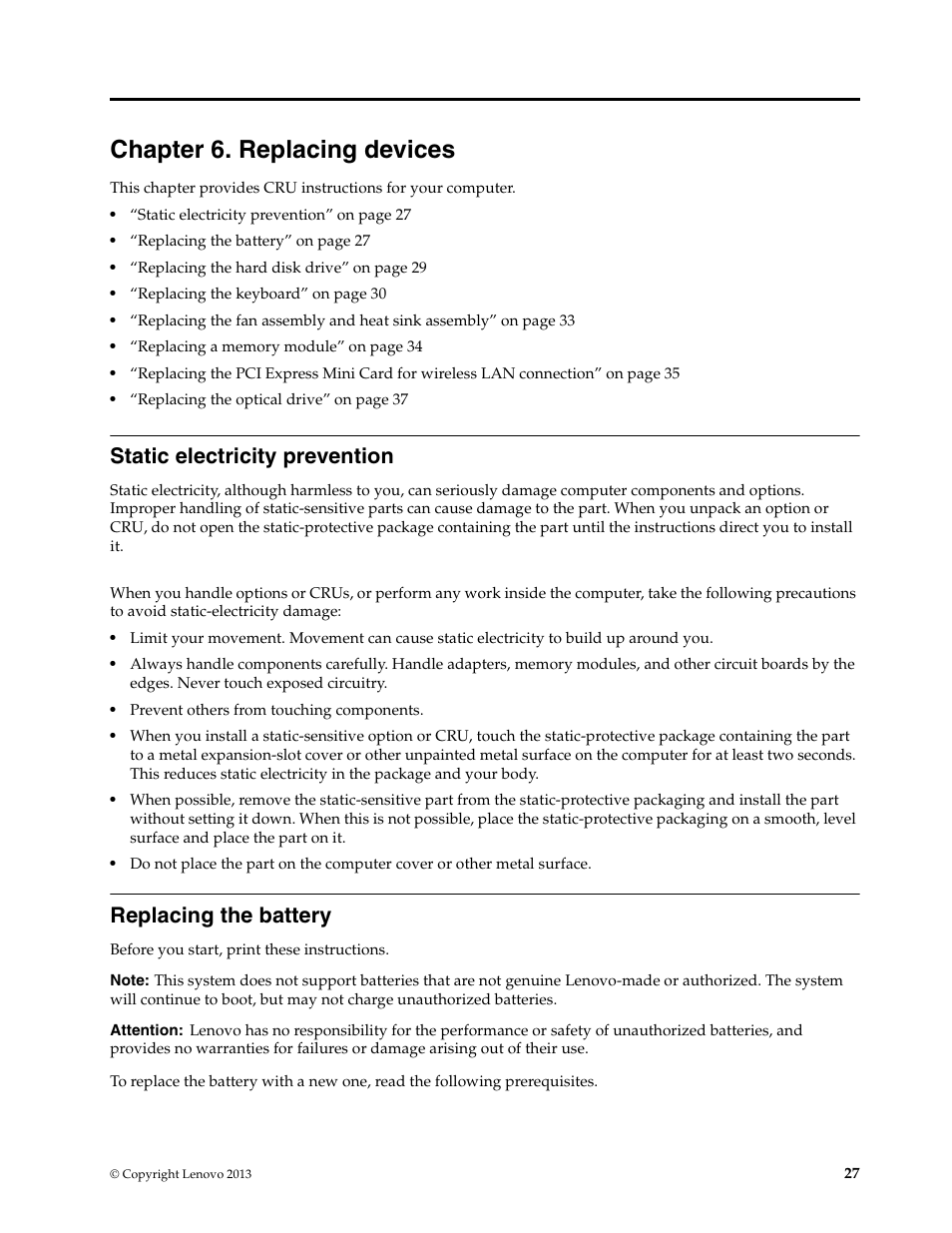 Chapter 6. replacing devices, Static electricity prevention, Replacing the battery | Lenovo E4430 User Manual | Page 41 / 76