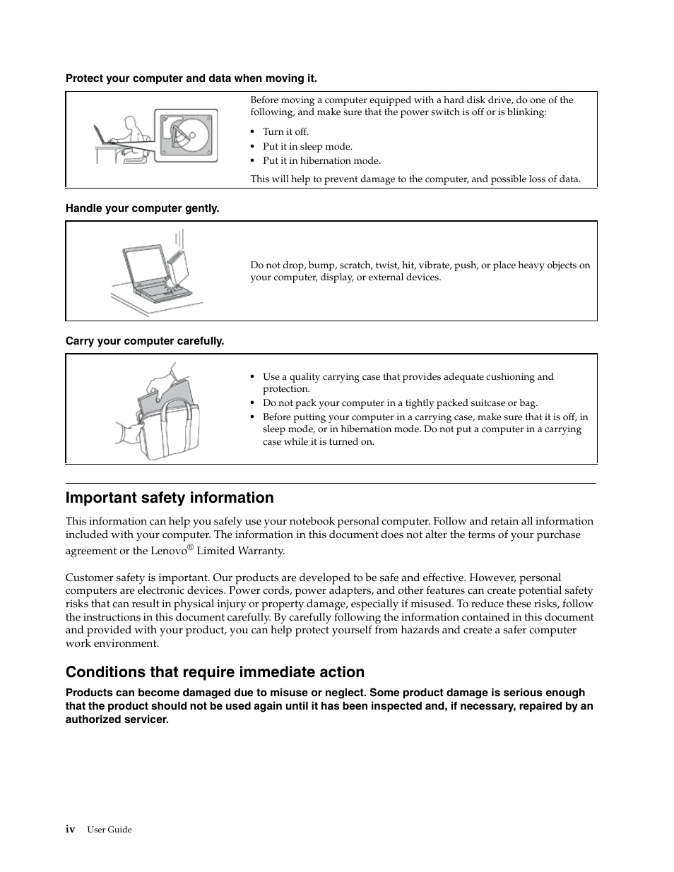 Important safety information, Conditions that require immediate action | Lenovo E4430 User Manual | Page 6 / 76