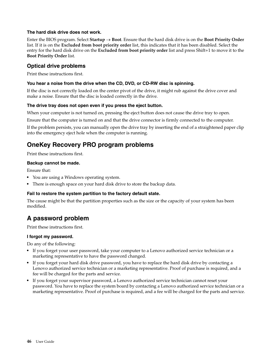 Onekey recovery pro program problems, A password problem | Lenovo E4430 User Manual | Page 60 / 76