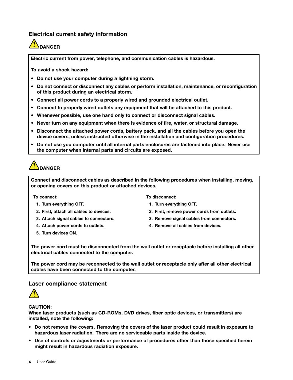 Electrical current safety information, Laser compliance statement | Lenovo E49 Notebook User Manual | Page 12 / 80