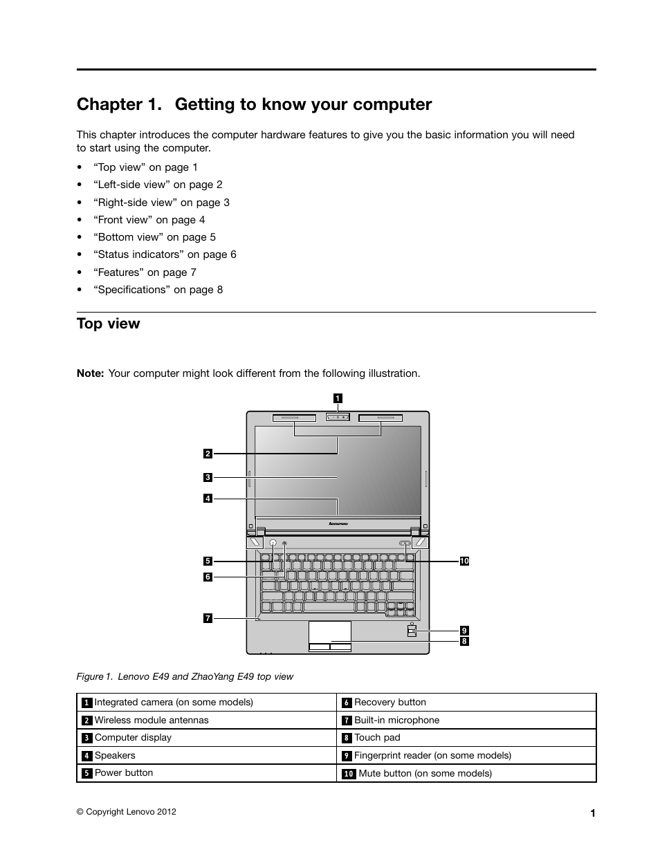 Chapter 1. getting to know your computer, Top view | Lenovo E49 Notebook User Manual | Page 15 / 80