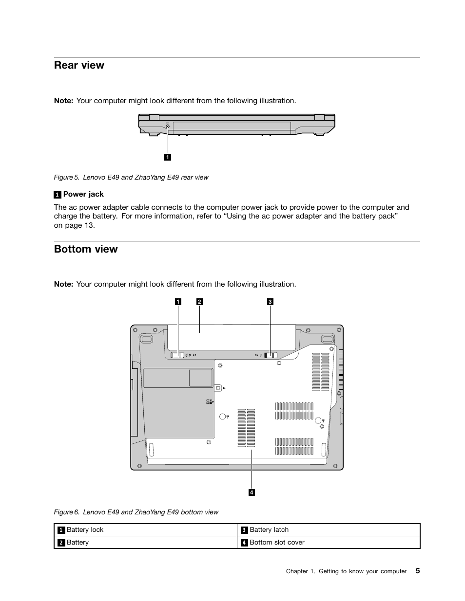 Rear view, Bottom view | Lenovo E49 Notebook User Manual | Page 19 / 80