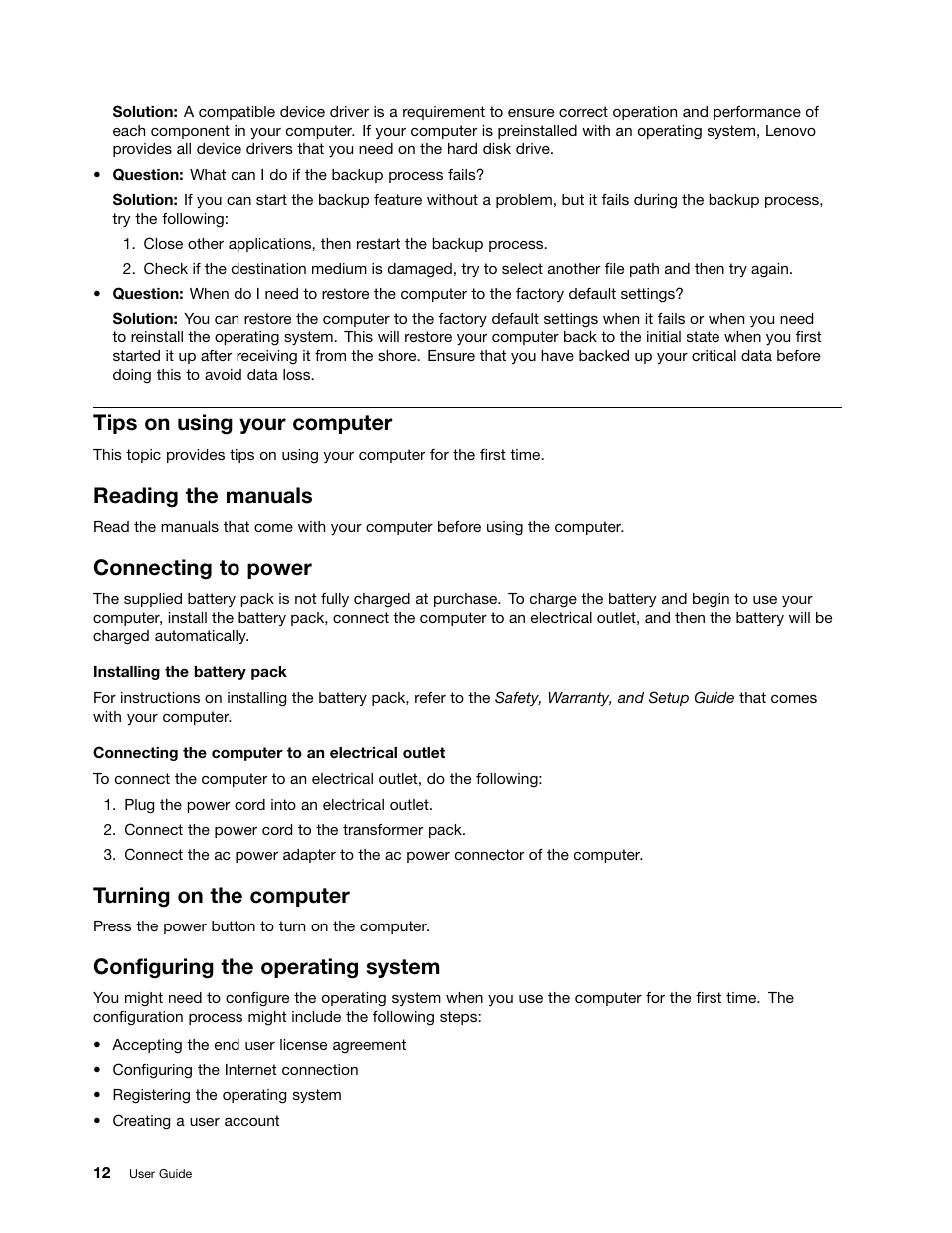 Tips on using your computer, Reading the manuals, Connecting to power | Turning on the computer, Configuring the operating system | Lenovo E49 Notebook User Manual | Page 26 / 80