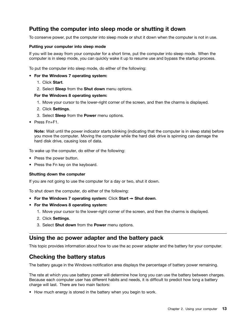 Using the ac power adapter and the battery pack, Checking the battery status | Lenovo E49 Notebook User Manual | Page 27 / 80